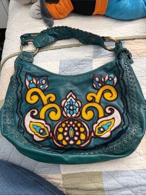 Isabella FioreTeal Embroidered Hobo Bag with Beaded Floral Motif